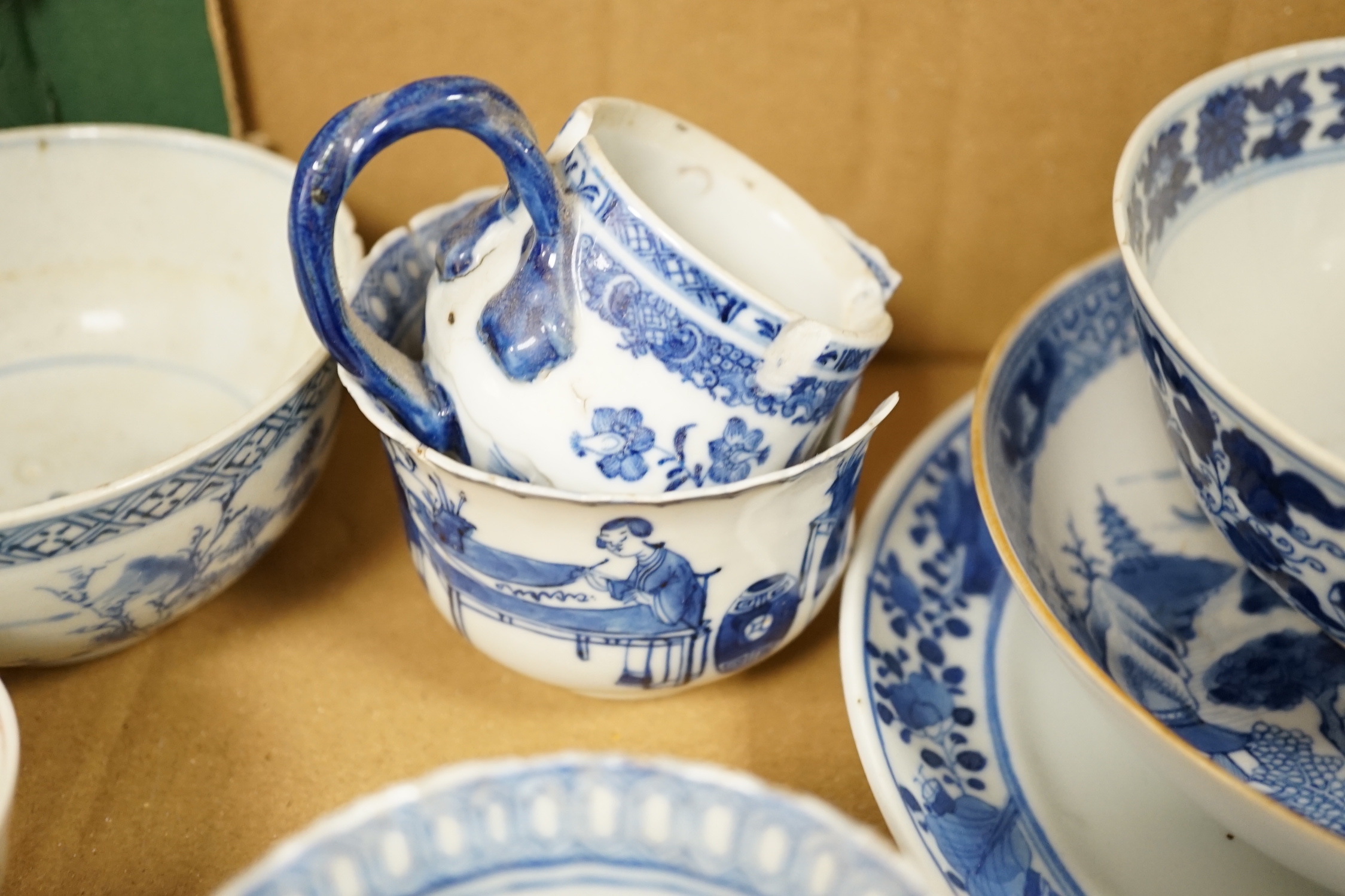A collection of mostly Chinese blue and white bowls, plates, cups etc. 18th to early 20th century